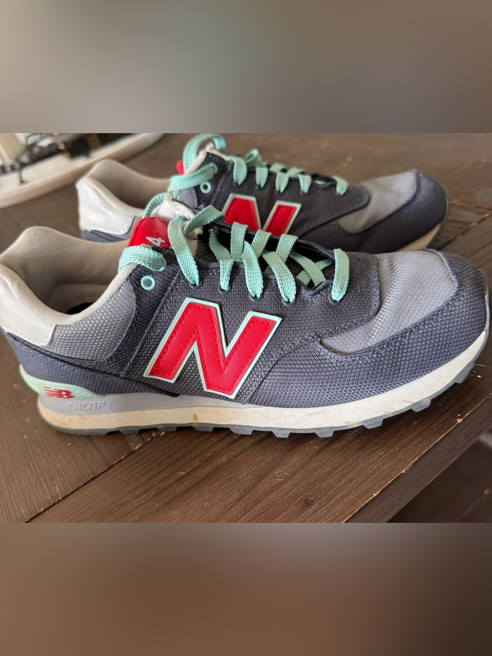 New Balance Kids Navy Gray Sneakers with Red Logo and Mint Laces